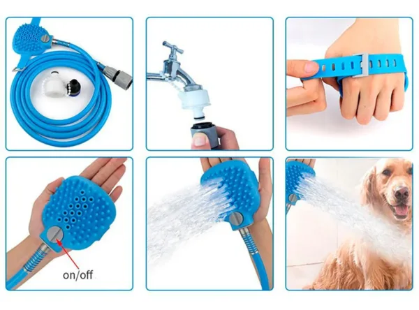 Mangueira Luva Banho Pet Caes Gatos Massageadora Escova Azul - Imagem 3